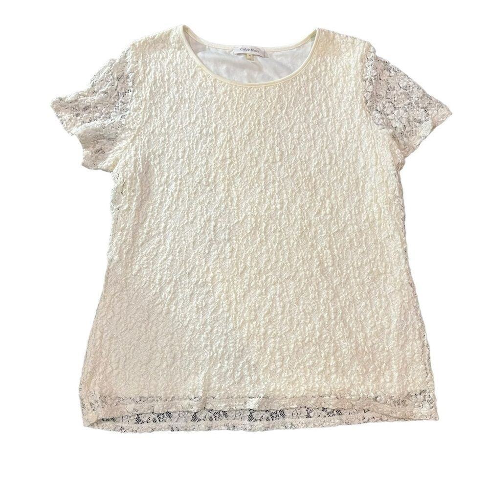 Calvin Klein Blouse Womens XL Ivory Floral Lace Short Sleeve Lined Top - Picture 2 of 5